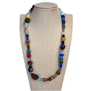 Vintage Colorful Art Glass Beaded Blue Yellow Pink Bow Silver Necklace (#B12)